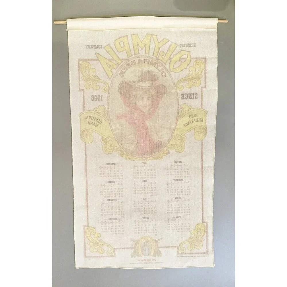 Vintage Olympia Beer Calendar 1980 Banner 1909 Olympia Calendar Girl 26.5x15.5”